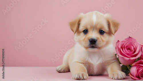 A Cute happy puppy holding pink rose flowers. Studio shot blue background, copy space, pups