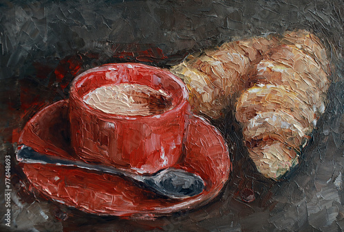Oil still life cup of coffee with croissants
