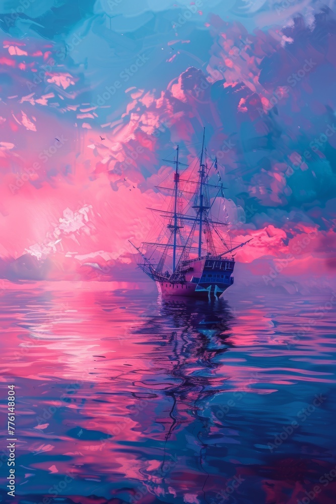 Pirate ship on tranquil sea, pop art pastel water, calm before the storm