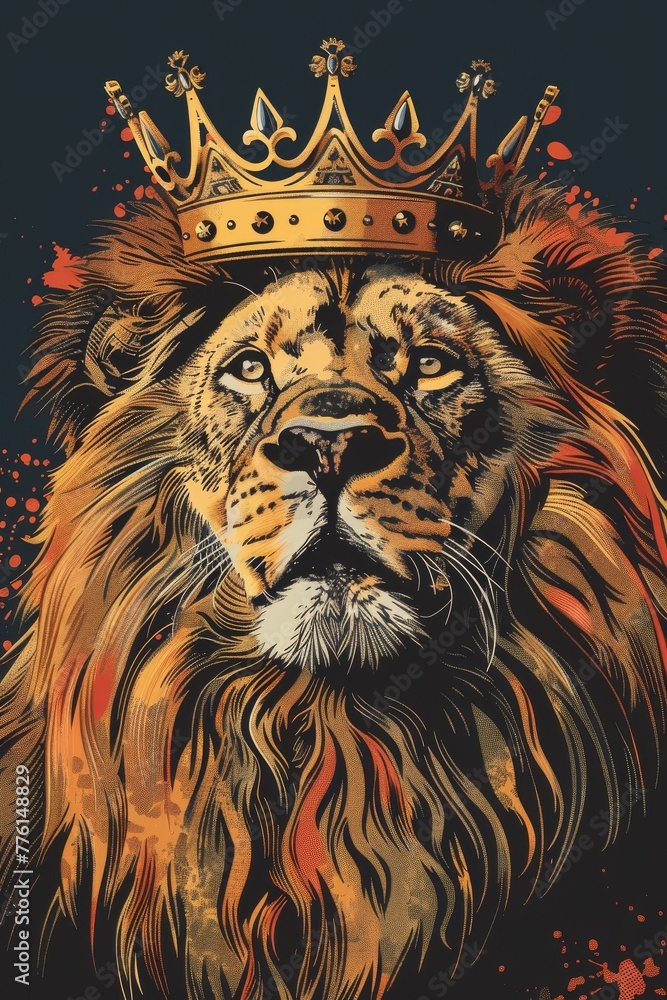 Pop art animal kingdom, a lion with a crown, majestic and wild