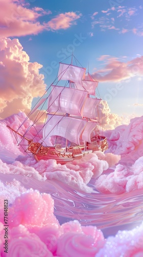 Pirate ship on cotton candy sea, pop art sugar waves, dessert dreamscape