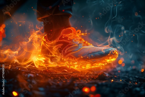 Running shoes ablaze on dark background