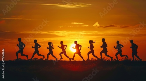 Runners silhouette against the sunrise, each step a story of perseverance and vitality