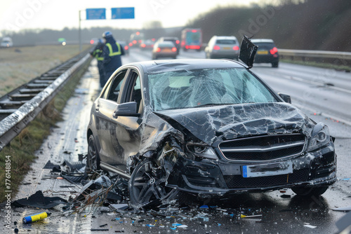 Road accident. The car is crashed on the track road