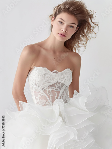 Chica joven modelo con vestido de novia blanco con volantes, escote barco con cuerpo de encaje, pedreria  y transparencias sobre fondo blanco photo