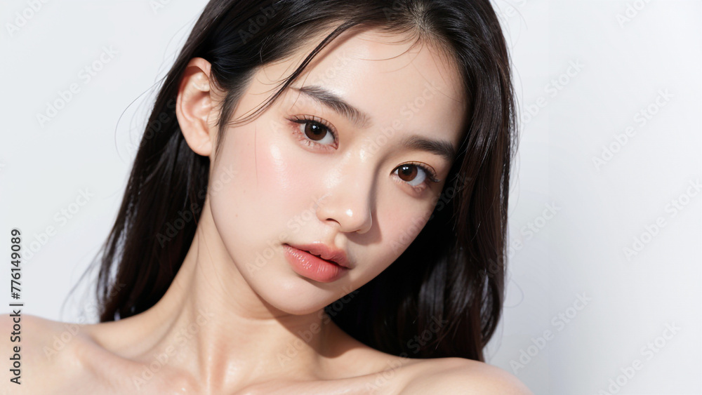 beautiful Korean girl, good skin, black hair, white background, skin care beautiful Korean girl, good skin, black hair, white background, skin care