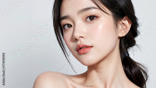 beautiful Korean girl, good skin, black hair, white background, skin care