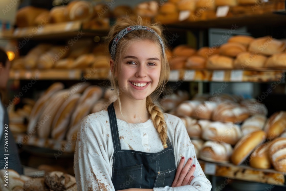 a young blond bakery employee store