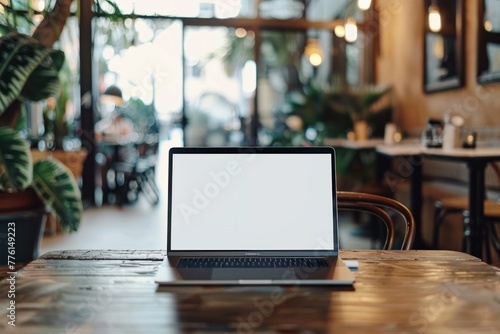 A laptop with a white screen with space for graphics, text or inscriptions standing in a cafe on a wooden table