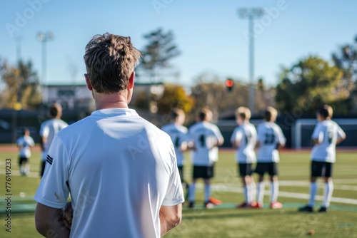 A male coach of a school soccer team on a field