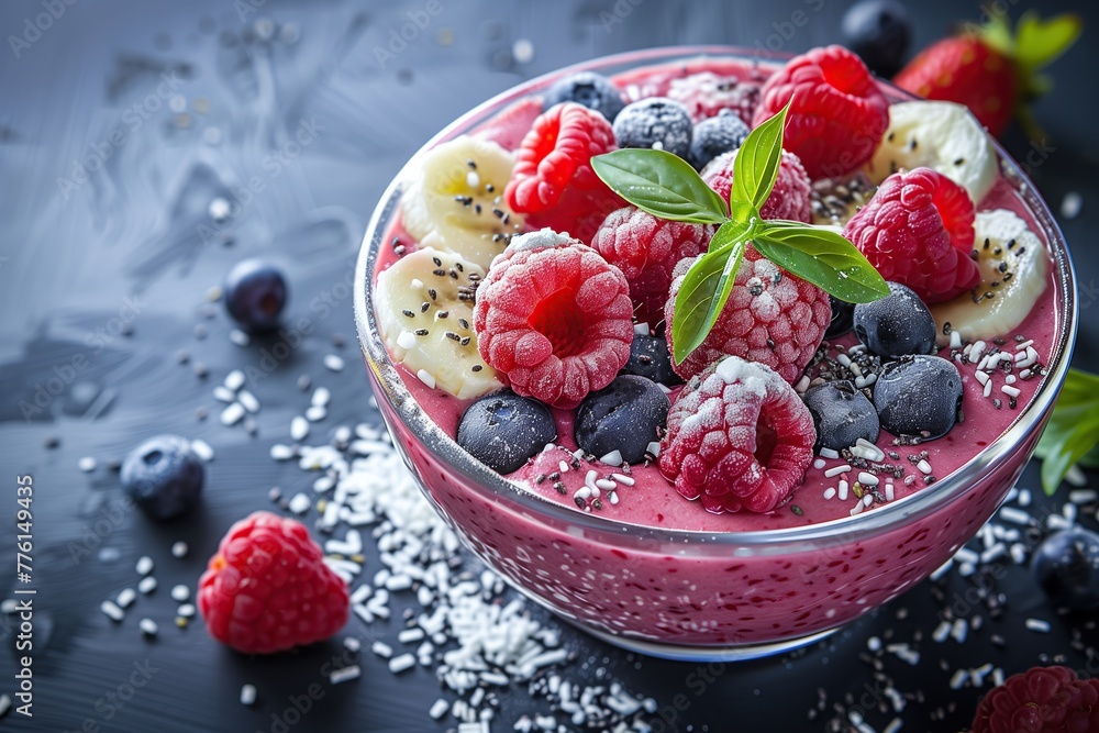 Refreshing berry smoothie bowl with banana, chia seeds, and fresh mint on a dark background Refreshing berry smoothie bowl with banana, chia seeds, and fresh mint on a dark background