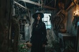 A scary ugly witch stands in an abandoned witch's den Isolated on solid white background