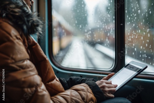 A woman or man reads an e-book on a tablet while commuting on a train