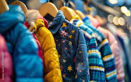 Colorful kids clothes on hangers blured background. Generative ai