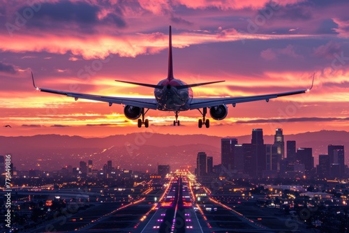 An airplane approaches landing over a sprawling cityscape at sunset