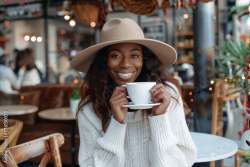 Attractive african american woman in white sweater and hat holding cup of coffee in cafe