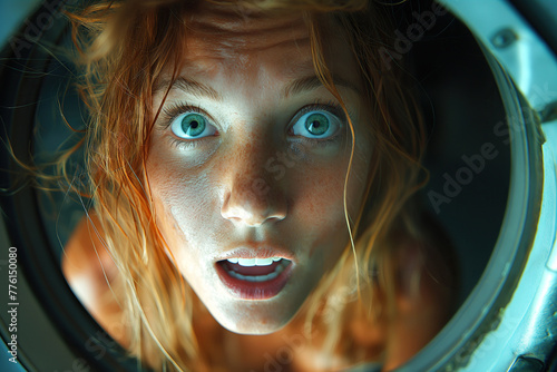 afraid scared passenger woman with aerophobia looks out porthole in fright in falling airplane in turbulence flight