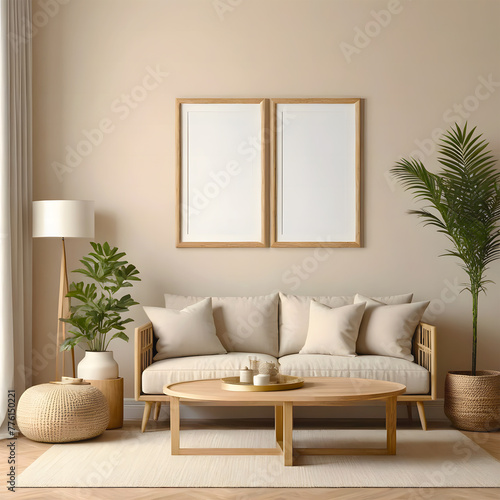  Modern and simlpe home living room interior with table and chairs, window. Mockup frame Mockup posters in child room interior, photo