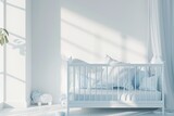 Horizontal Warm Minimalist Nursery with Neutral Color Scheme, Baby Crib, and Sunlight