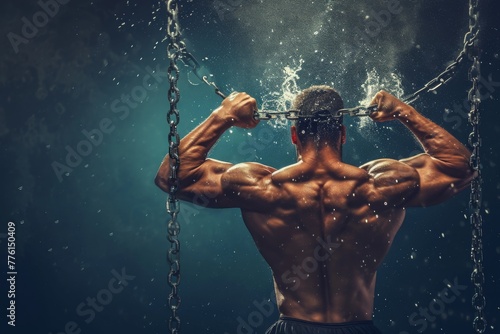 A man wearing a chain around his neck, captured in a straightforward image, A man breaking the chains symbolizing his transformation through fitness, AI Generated photo