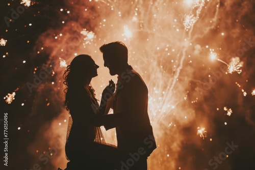 A man and a woman standing together while fireworks light up the night sky behind them, A man proposing to his girlfriend under a fireworks display, AI Generated