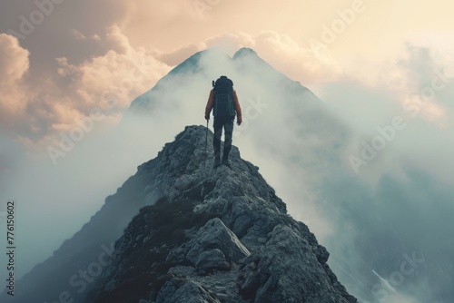 A man triumphantly stands on top of a towering mountain, overlooking vast landscapes, A man reaching the peak of a mountain after a tiring hike, AI Generated photo
