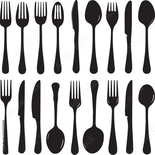 Set of Cutlery Icon black Silhouette Spoon Fork Knife on white background 