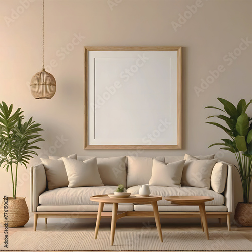  Modern and simlpe home living room interior with table and chairs, window. Mockup frame Mockup posters in child room interior, photo