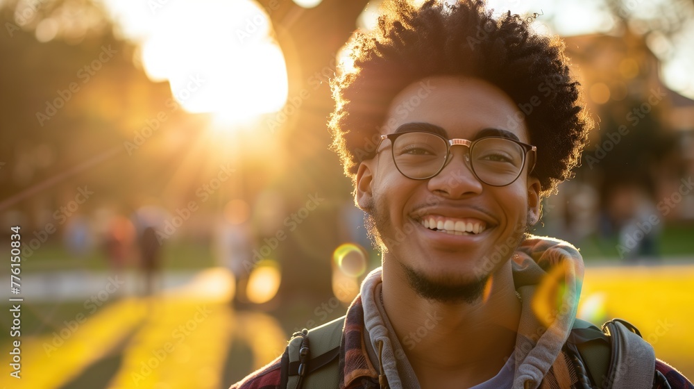 A candid shot of a college student smiling on campus during golden hour, evoking a sense of nostalgia and optimism, real photo, stock photography --ar 16:9 Job ID: 8b3cf807-aea5-47b2-9c53-ca4f293e2e46 - obrazy, fototapety, plakaty 