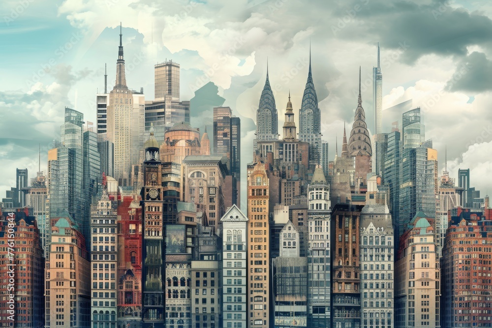 This photo depicts a colorful painting showcasing a bustling cityscape filled with numerous towering buildings, A mashup of different eras of architecture in a city skyline, AI Generated