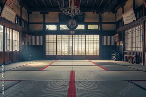 This photo captures a spacious room featuring a prominent wall clock as its focal point, A martial arts dojo inside a traditional gym, AI Generated photo