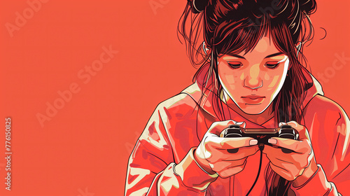 teenager playing video game, copy space