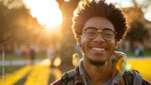 A candid shot of a college student smiling on campus during golden hour, evoking a sense of nostalgia and optimism, real photo, stock photography --ar 16:9 Job ID: 8b3cf807-aea5-47b2-9c53-ca4f293e2e46