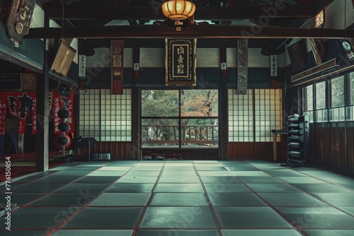 This photo captures a room flooded with natural light from numerous windows, creating a bright and airy atmosphere, A martial arts dojo inside a traditional gym, AI Generated photo