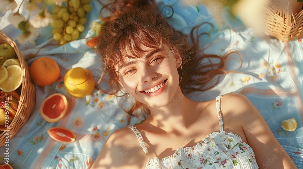 A carefree young woman lying on a picnic blanket, surrounded by fresh fruits and a radiant smile, against a soft pastel background