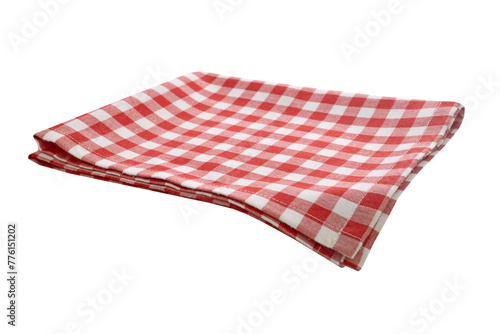 Checkered picnic folded kitchen cloth, food decor. Red checked tablecloth. Isolated towel.