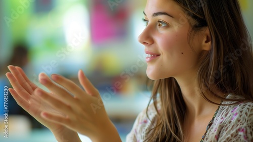 A close-up of a young female teacher's hands gesturing while she teaches in a bright and airy classroom