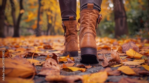 A close-up shot of leather boots walking on a path covered with fallen leaves in an autumn park