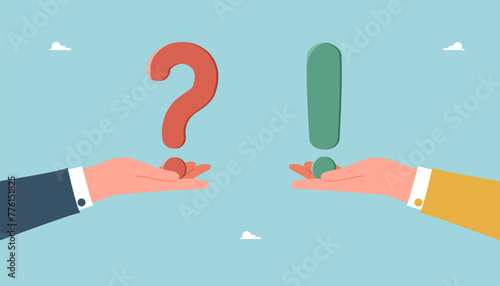 Brainstorming for solving business problems, questions and answers, FAQ, thought process and logic for solving work problems, competitor analysis, large hands holds question and exclamation mark.
