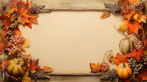 Autumn decorative vintage frame with yellow and orange leaves, pumpkins, ripe grape, apples, copy space. © junky_jess