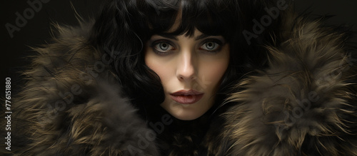 portrait of a seductive femme fatale woman in fur, cinematic, banner space for text, asset