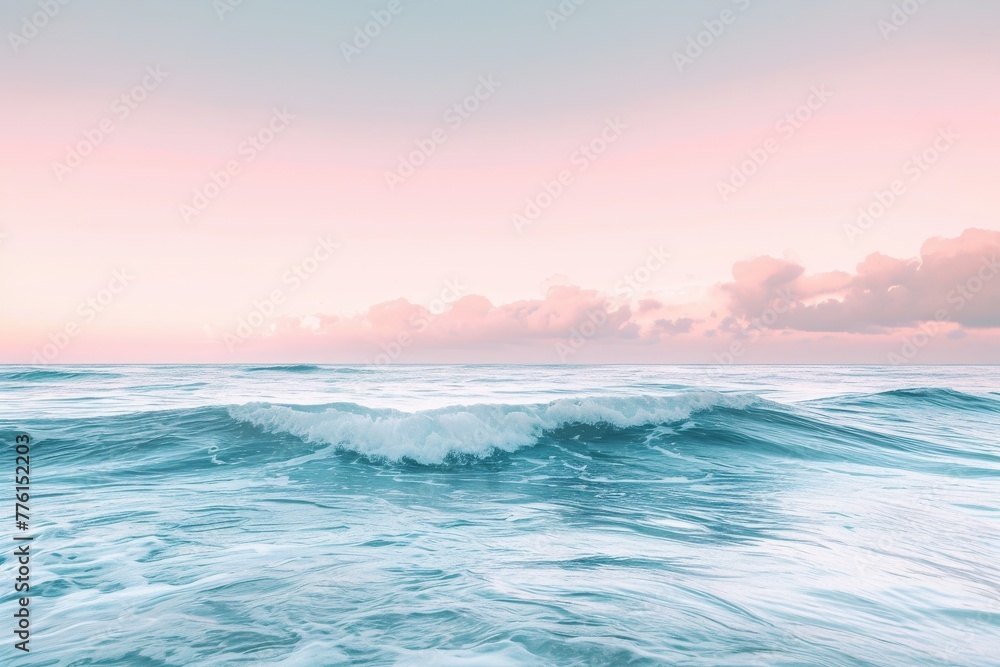 Obraz premium A dynamic scene capturing the powerful waves rolling onto the expansive surface of a large body of water, A minimalist depiction of ocean waves under a pastel sky, AI Generated