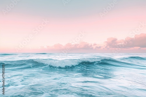 A dynamic scene capturing the powerful waves rolling onto the expansive surface of a large body of water, A minimalist depiction of ocean waves under a pastel sky, AI Generated