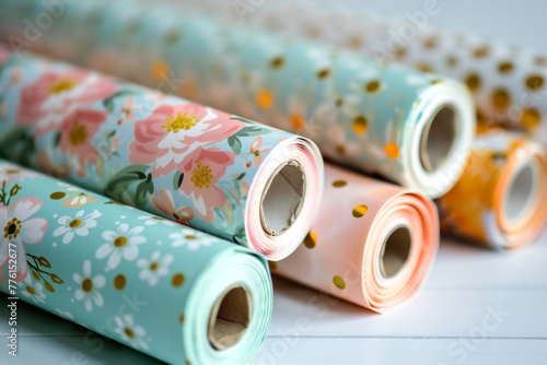 Birthday party photo wrapping paper rolls decorated polka dots floral prints pattern, pastel and gold colors. photo