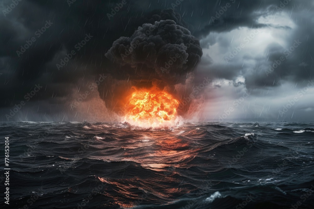 Detailed, hyper-realistic image of a fireball explosion at sea, black smoke rising into the stormy sky