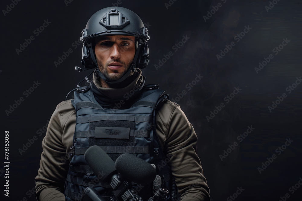 male journalist in a bulletproof vest and helmet male journalist in a bulletproof vest and helmet