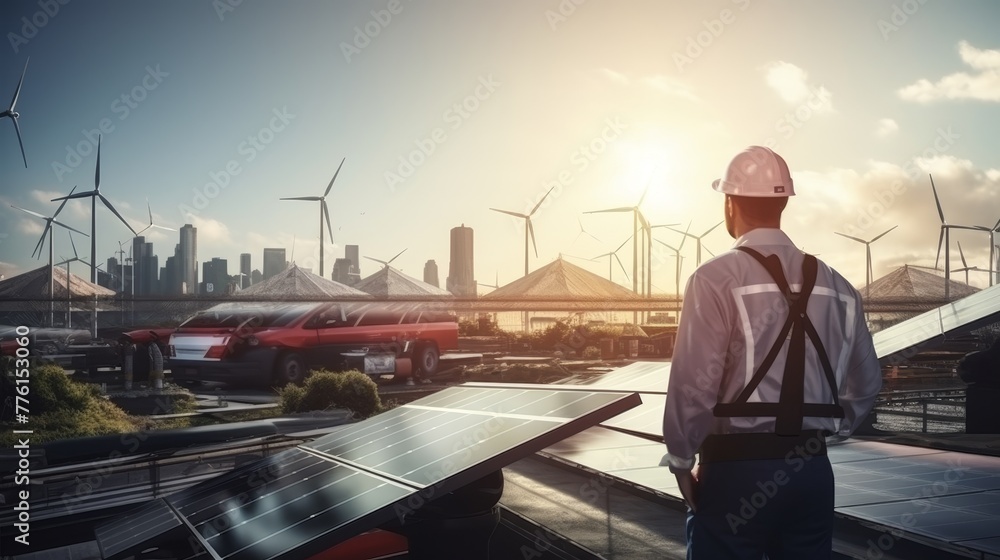 An engineer inspecting renewable energy setup with modern city skyline and vehicles