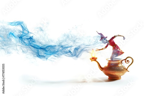Magic genie getting out from the lamp Isolated on white background photo