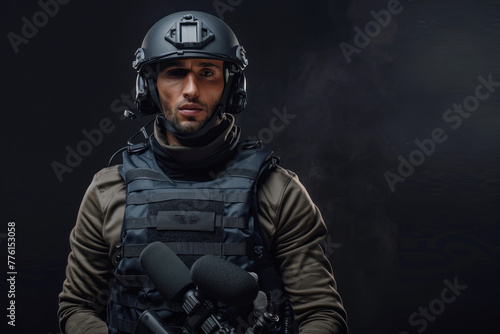 male journalist in a bulletproof vest and helmet photo