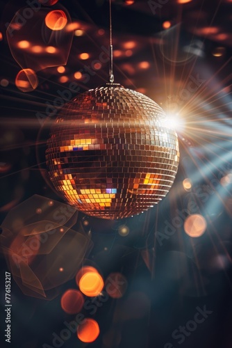 Hyper-realistic image of a spinning disco ball, with beams of light creating a bokeh effect in the dark